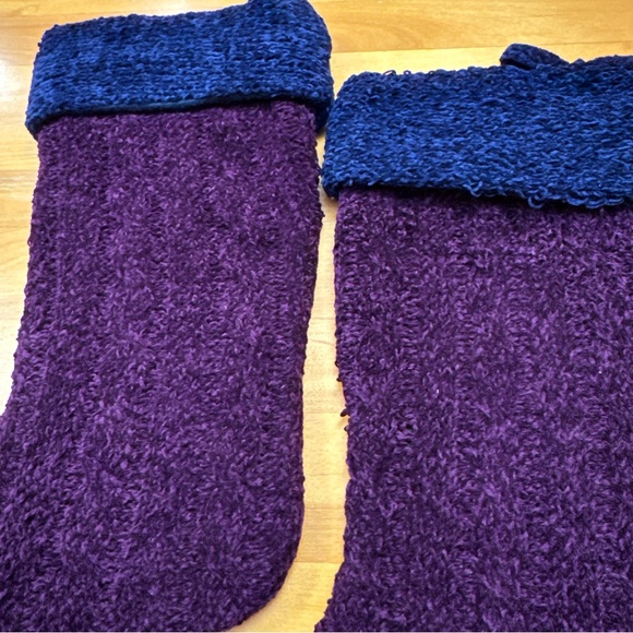 Set Of 2 Purple Cable Knit Christmas Stockings Lined w/Blue Cuff - Picture 2 of 10